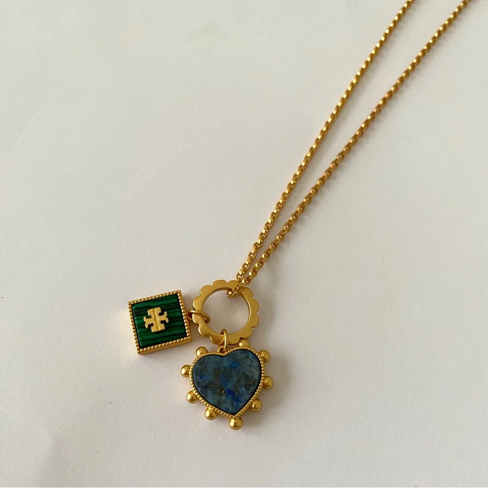 NWOT Tory Burch Semi-Precious Gold Tone Blue/Green Lapis Logo Pendant Necklace